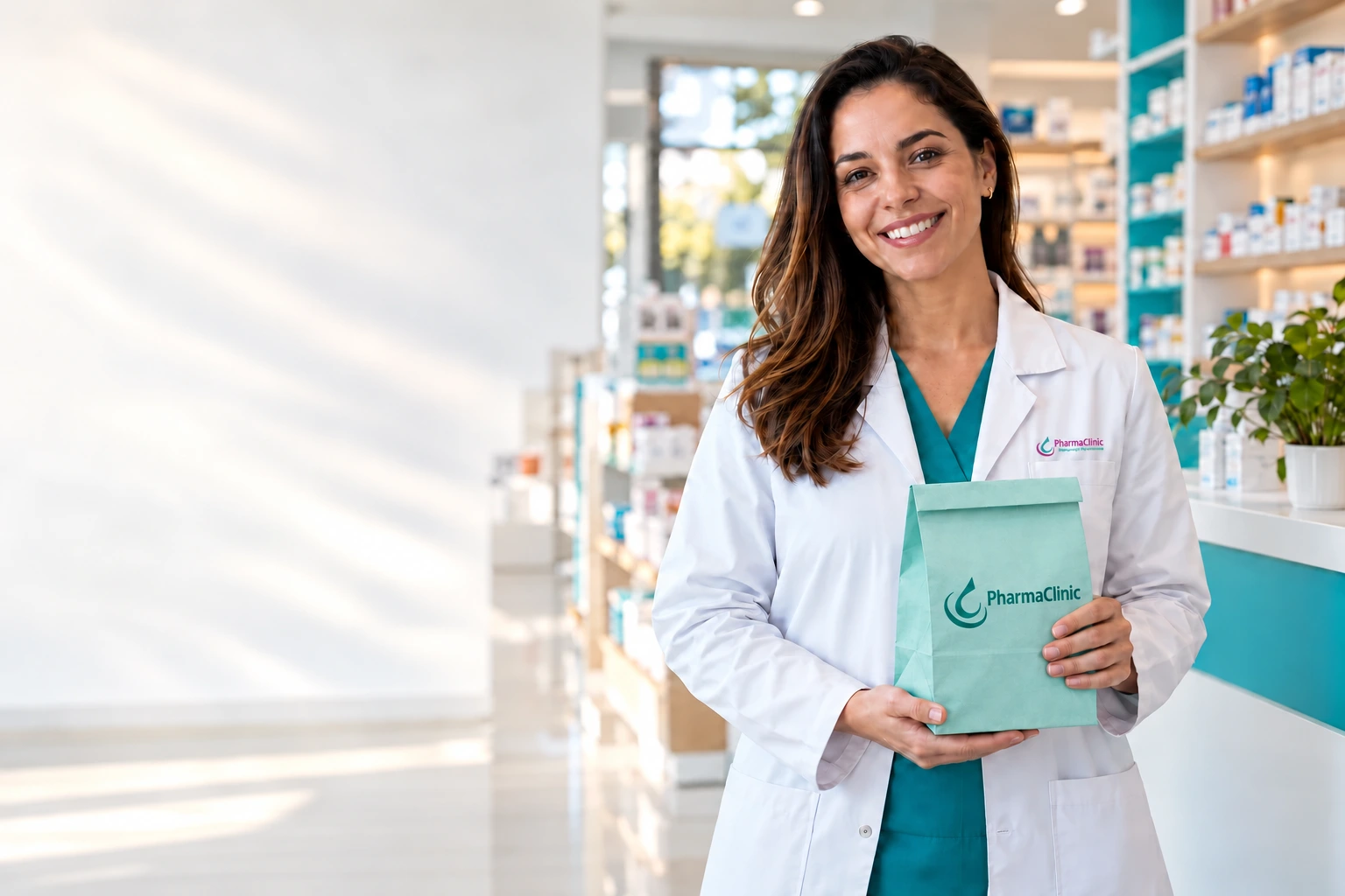 Farmacêutica com uma embalagem pronta para entrega