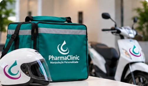 Bolsa térmica, capacete e moto de entrega da PharmaClinic