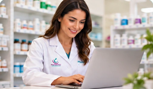 Farmacêutica prepara um orçamento no computador