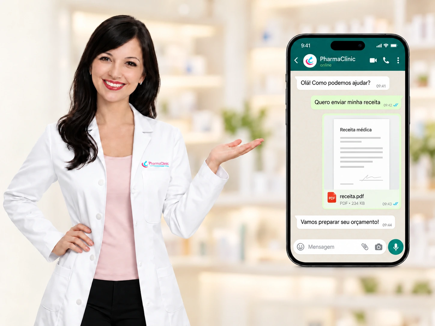 Farmacêutica apresenta um celular com conversa no WhatsApp e uma receita médica em anexo