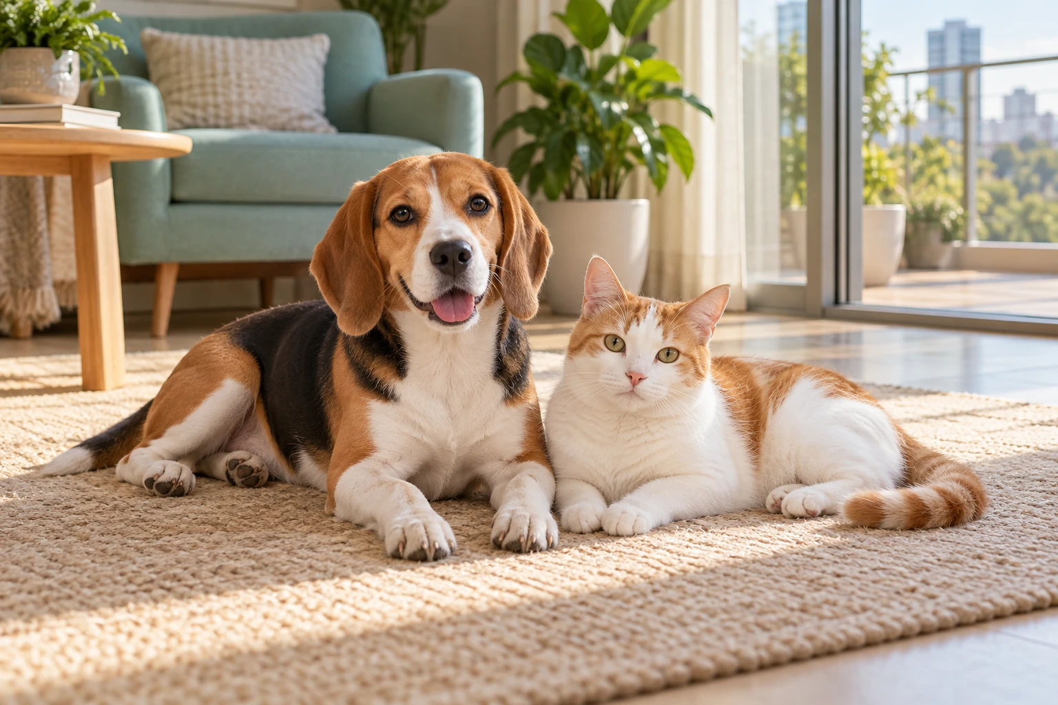 Cachorro beagle e gato branco e laranja juntos em casa