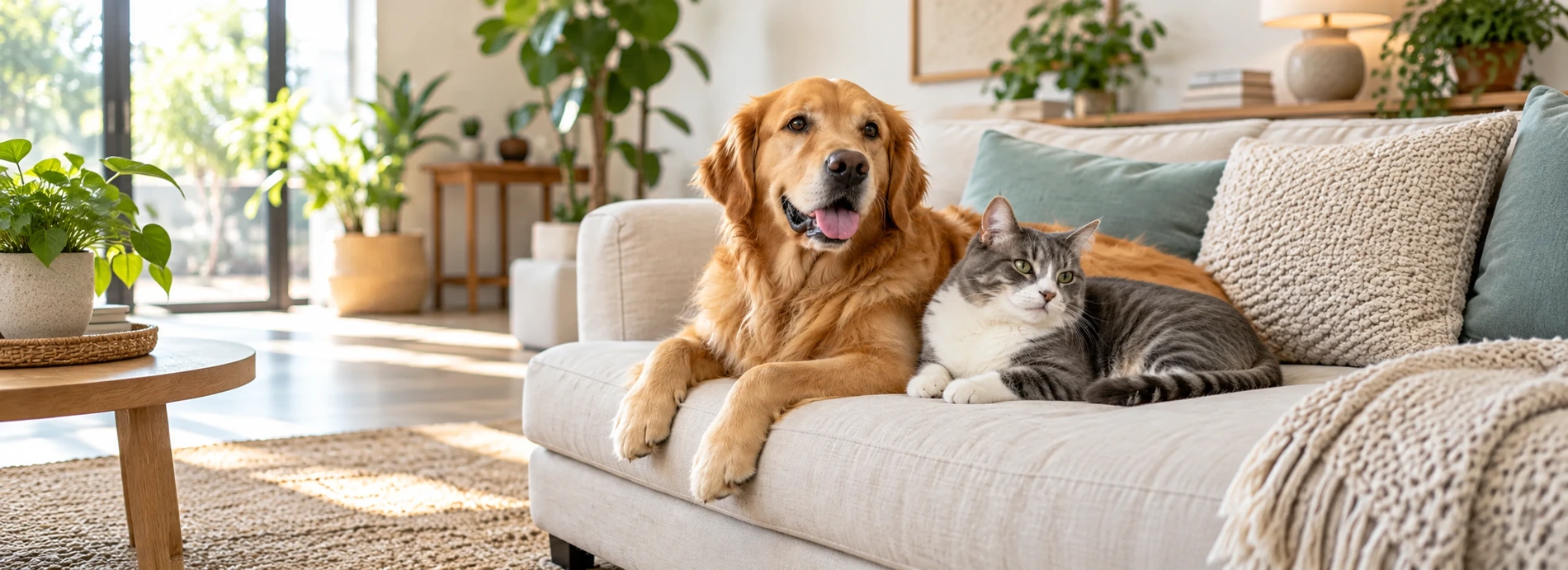 Cachorro e gato com o corpo inteiro visível em ambiente acolhedor